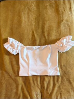 Off-Shoulder Ruffle Sleeve Crop Top - White